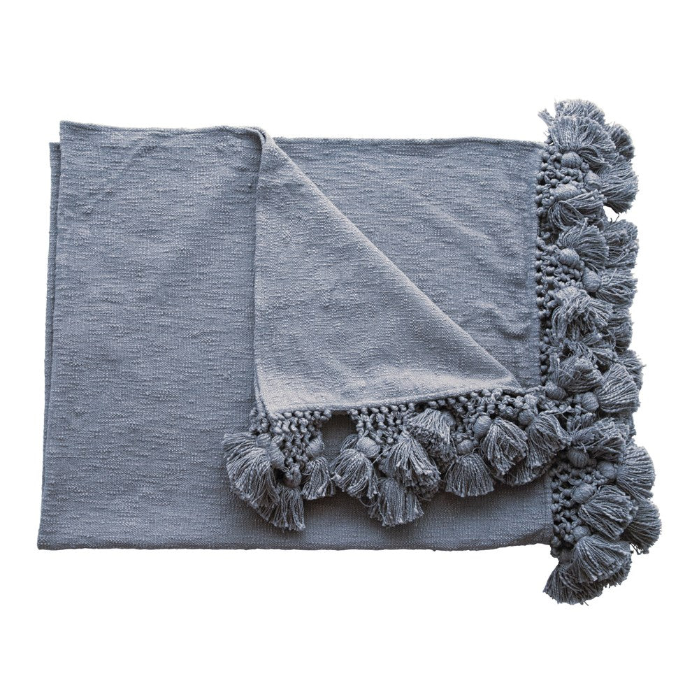 Cotton Blend Throw w/ Crocheted Tassels, Dusty Blue