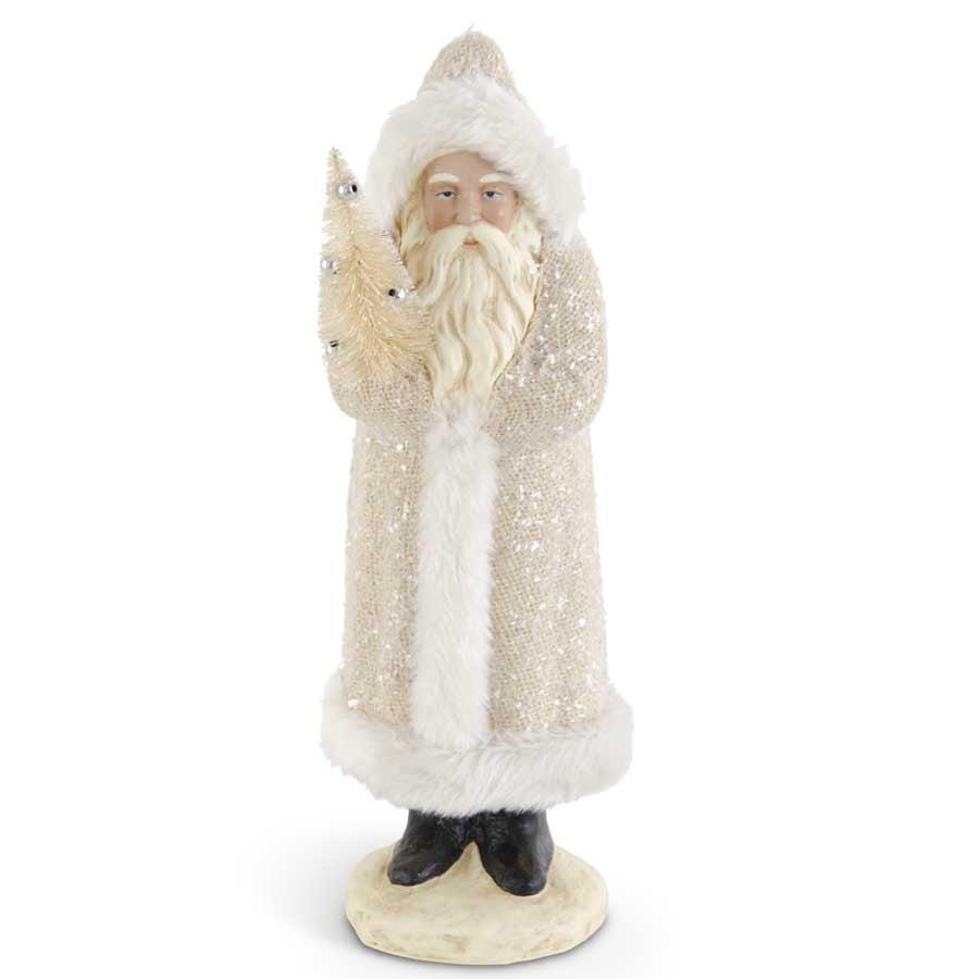 Cream Glittered Fur Trim Santa Holding Bottle Brush Tree