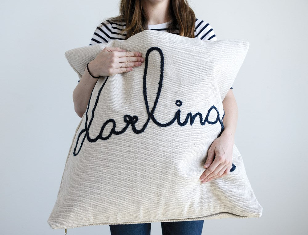 Square Cotton Pillow w/ Embroidered "Darling"