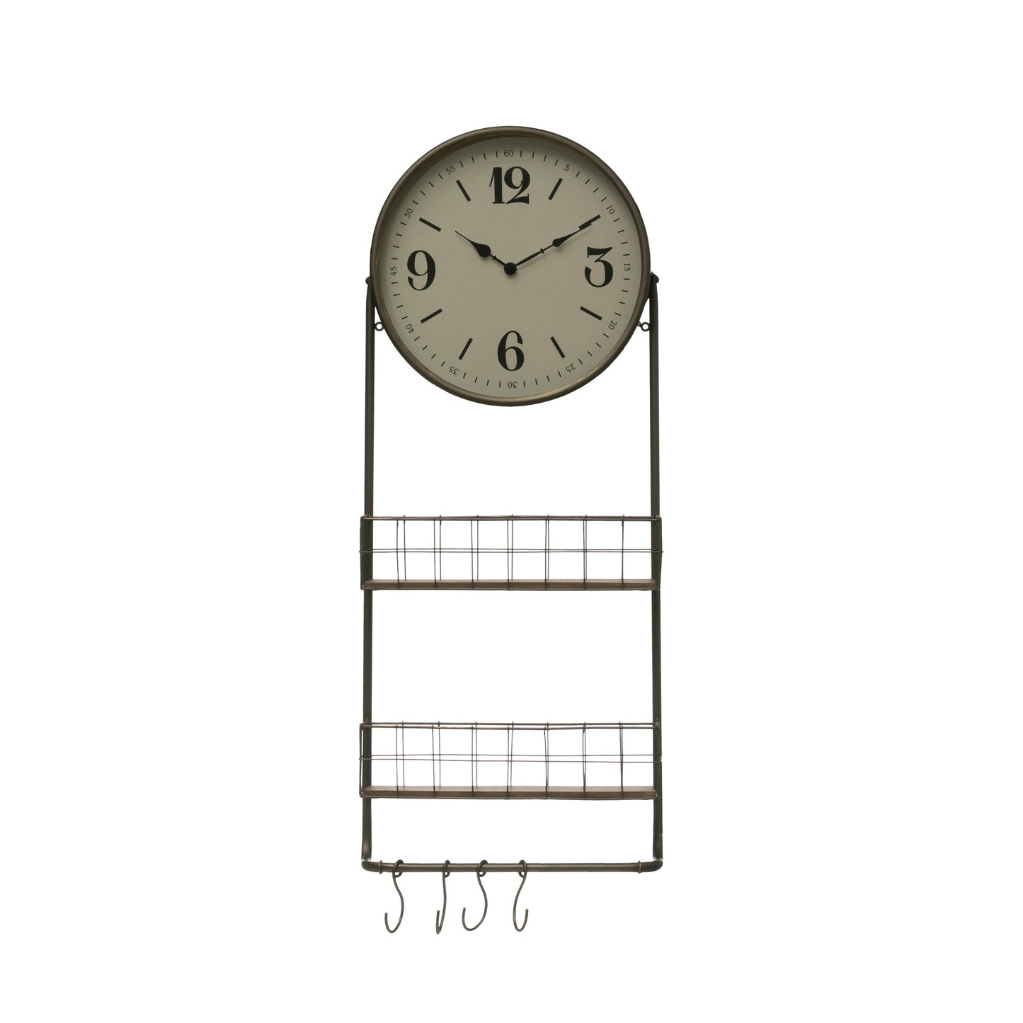 Metal Clock w/ Shelves and Hooks