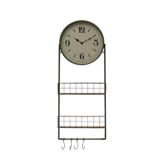 Metal Clock w/ Shelves and Hooks