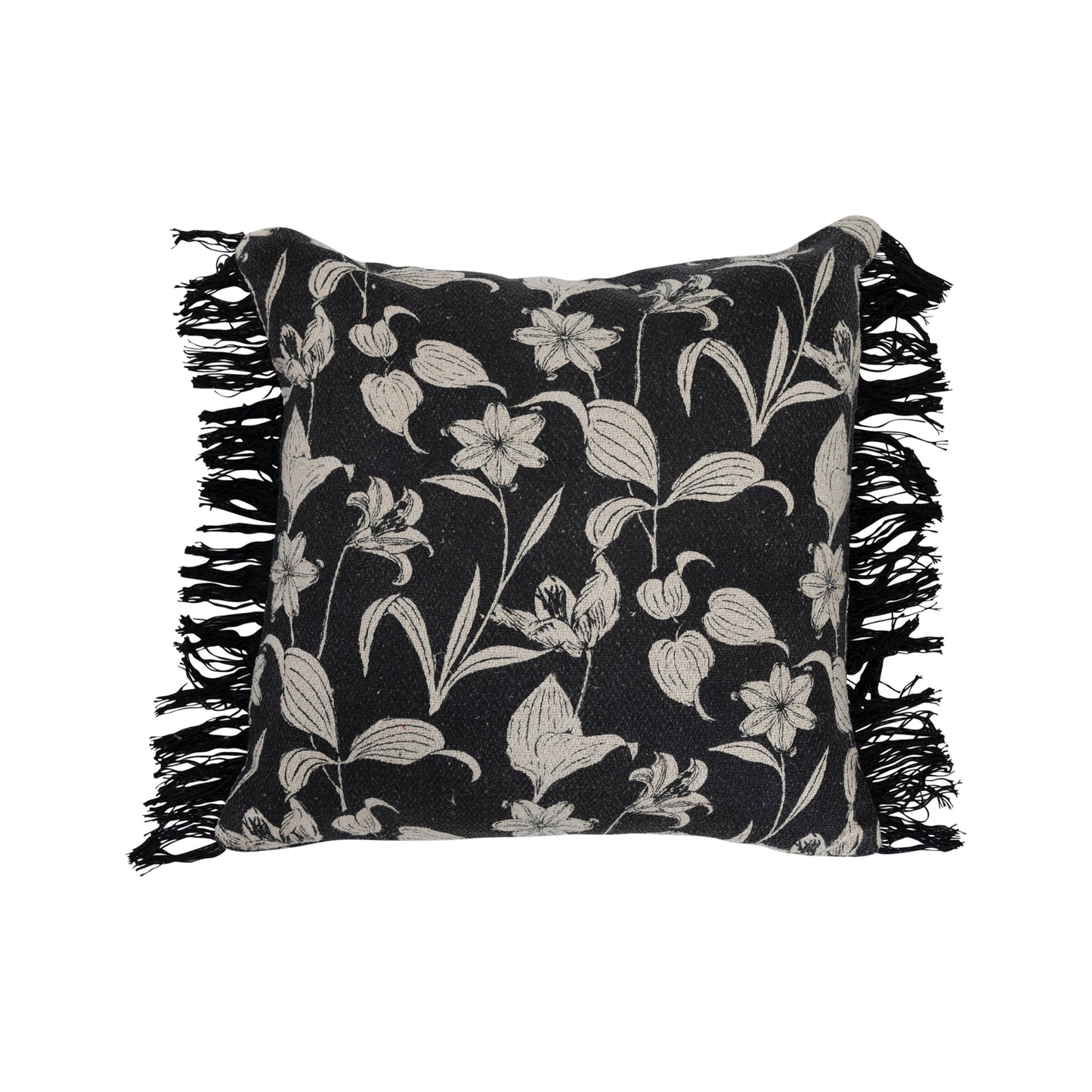Recycled Cotton Printed Pillow with Floral Pattern and Fringe