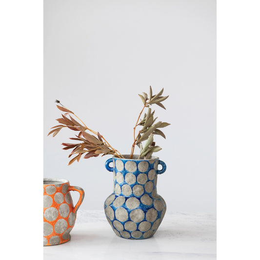 Blue Terra-cotta Vase with Wax Relief Dots and Handles