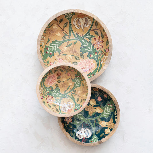 Decorative Enameled Mango Wood Bowls w/ Floral Design