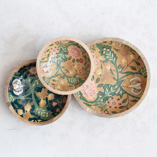 Decorative Enameled Mango Wood Bowls w/ Floral Design