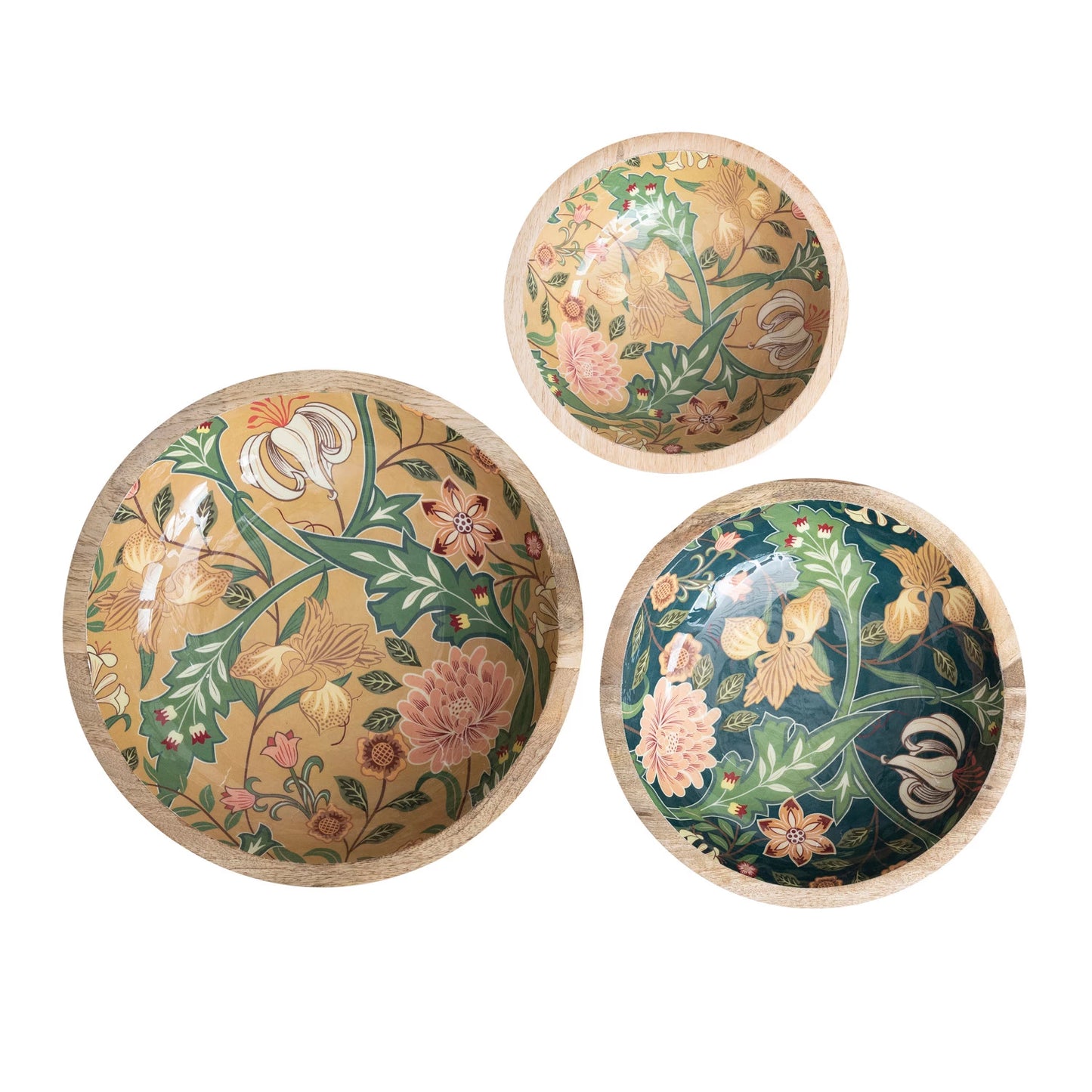 Decorative Enameled Mango Wood Bowls w/ Floral Design