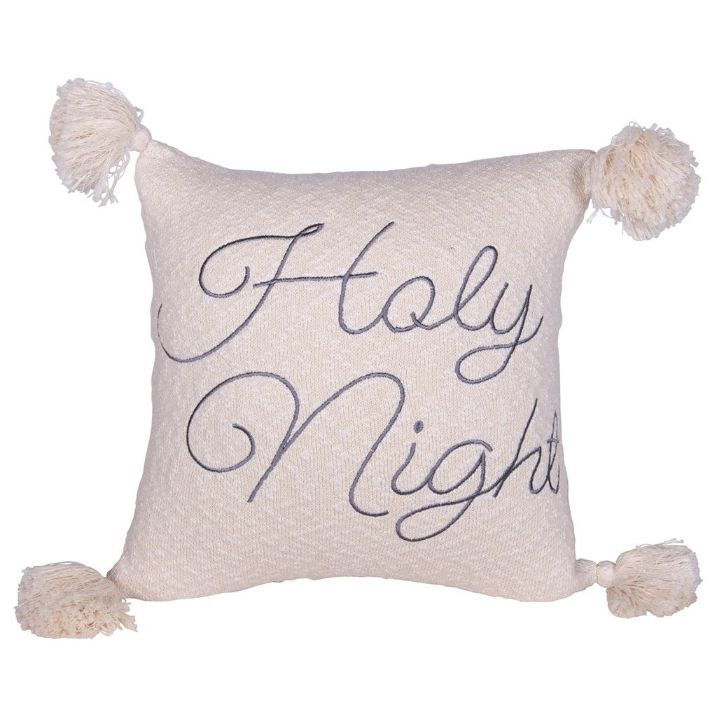 Square Woven Cotton Pillow w/ Tassels & Embroidery "Holy Night"