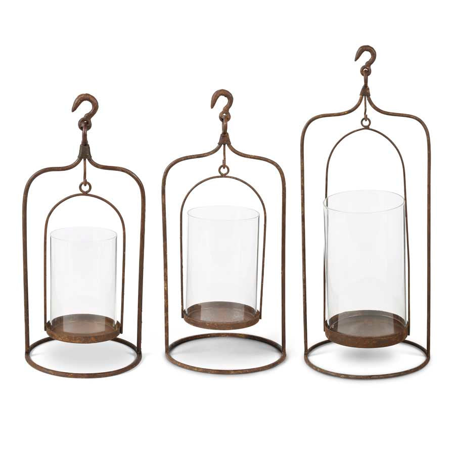 Rustic Metal Hanging Candleholder w/Swinging Glass Hurricane