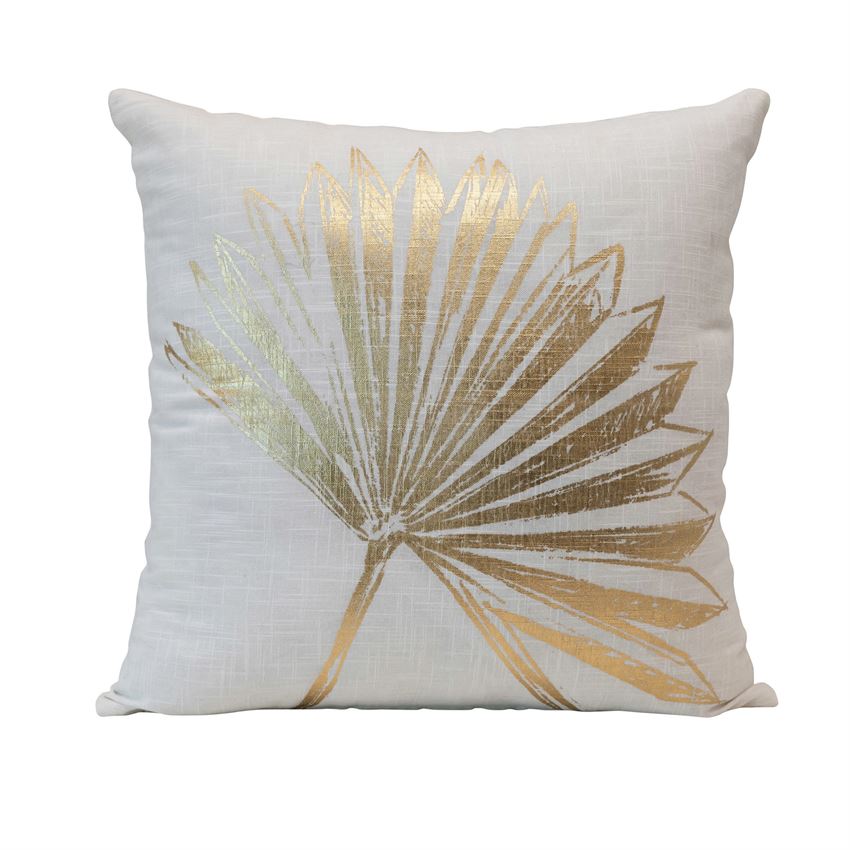 Cotton Pillow with Palm Leaf, White & Gold Color