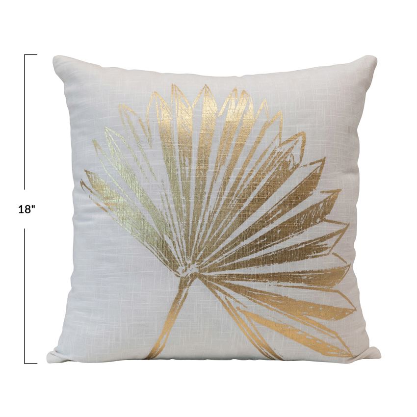 Cotton Pillow with Palm Leaf, White & Gold Color