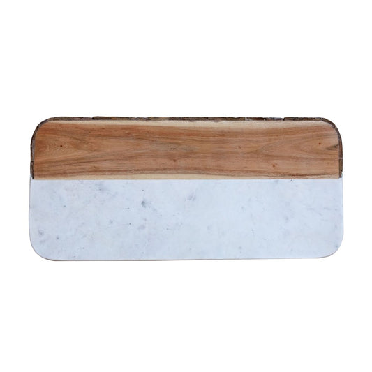 White Marble & Mango Wood Cheese Board w/ Bark Edge