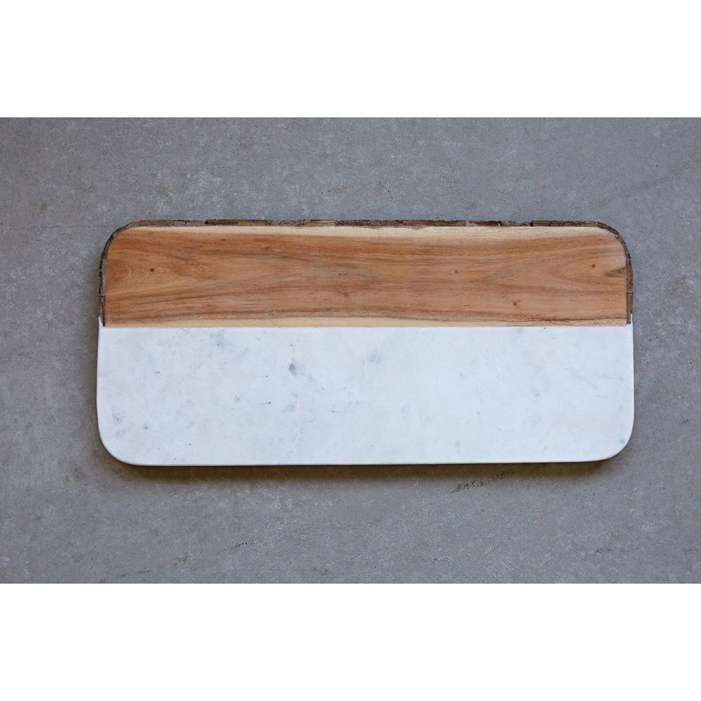 White Marble & Mango Wood Cheese Board w/ Bark Edge