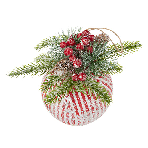 9" TICKING STRIPE WITH GREENERY BALL ORNAMENT
