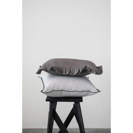 Charcoal Woven Cotton Chambray Lumbar Pillow with Ruffle Trim