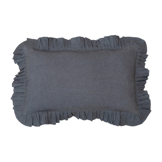 Charcoal Woven Cotton Chambray Lumbar Pillow with Ruffle Trim
