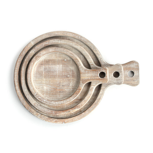 Round Whitewash Wood Tray with Handle