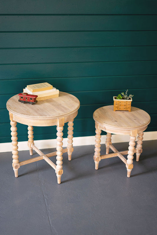 Round Wooden Side Table with Turned Legs