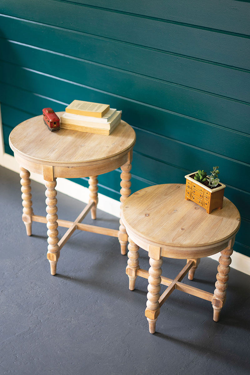 Round Wooden Side Table with Turned Legs