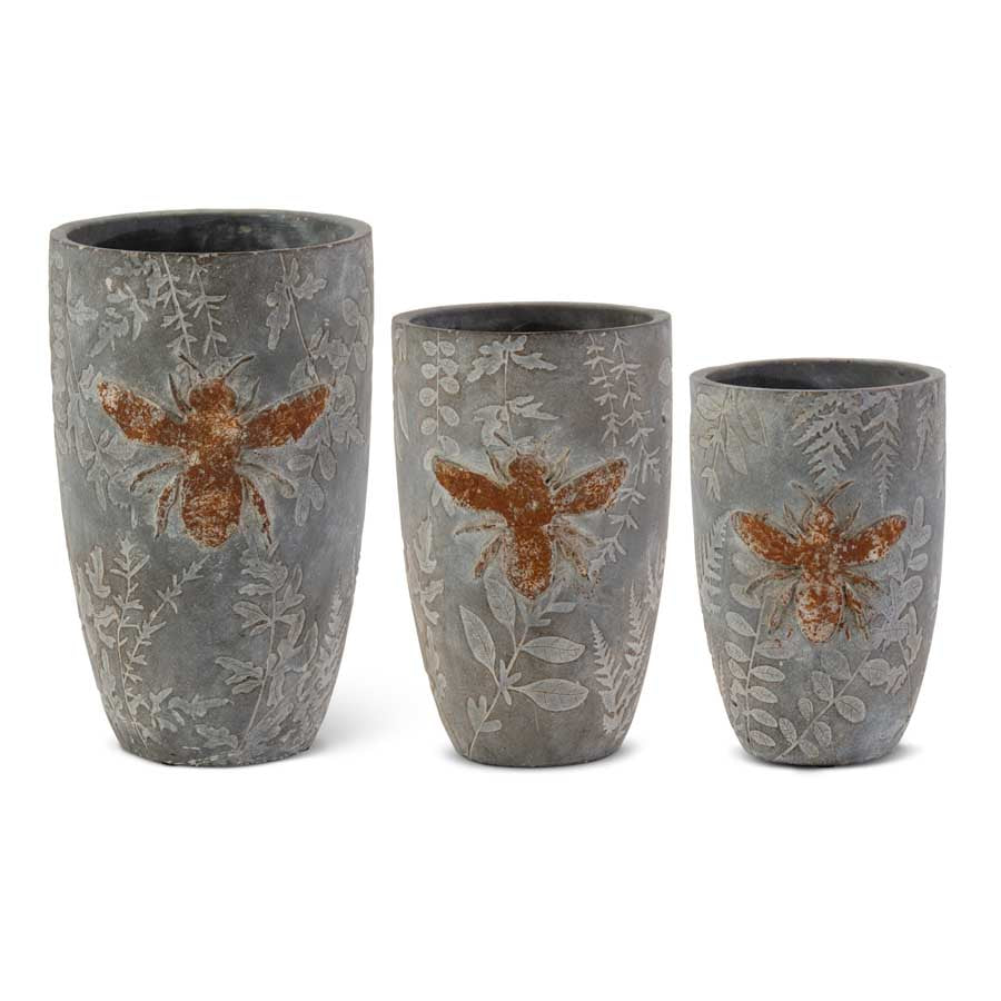 Tall Weathered Gray Cement Pots w/Embossed Bees