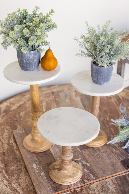 Wooden display stand with white marble top