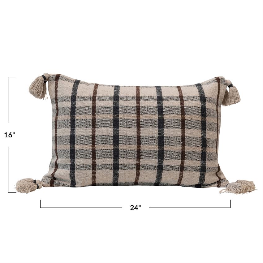 Woven Recycled Cotton Blend Plaid Lumbar Pillow with Tassels