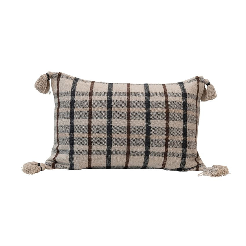 Woven Recycled Cotton Blend Plaid Lumbar Pillow with Tassels